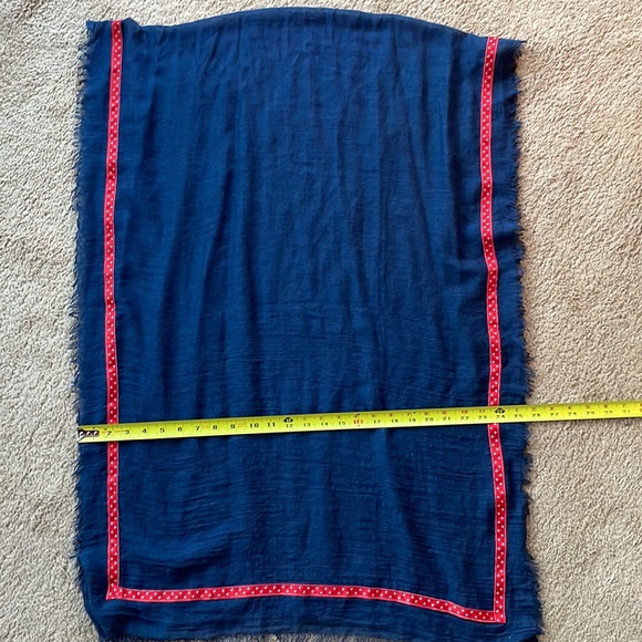 Navy Linen Scarf w/Red Nautical Anchor Ribbon Trim & Frayed Edges 72Lx25.5W” - Picture 5 of 5